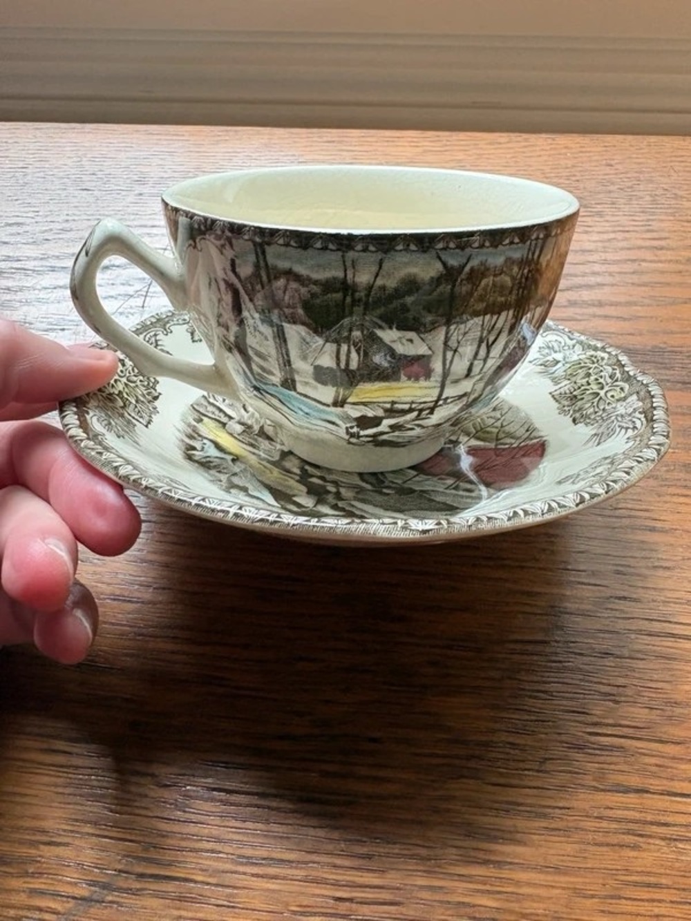 Winter Landscape Ceramic Teacup and Saucer - Brown Multicolor